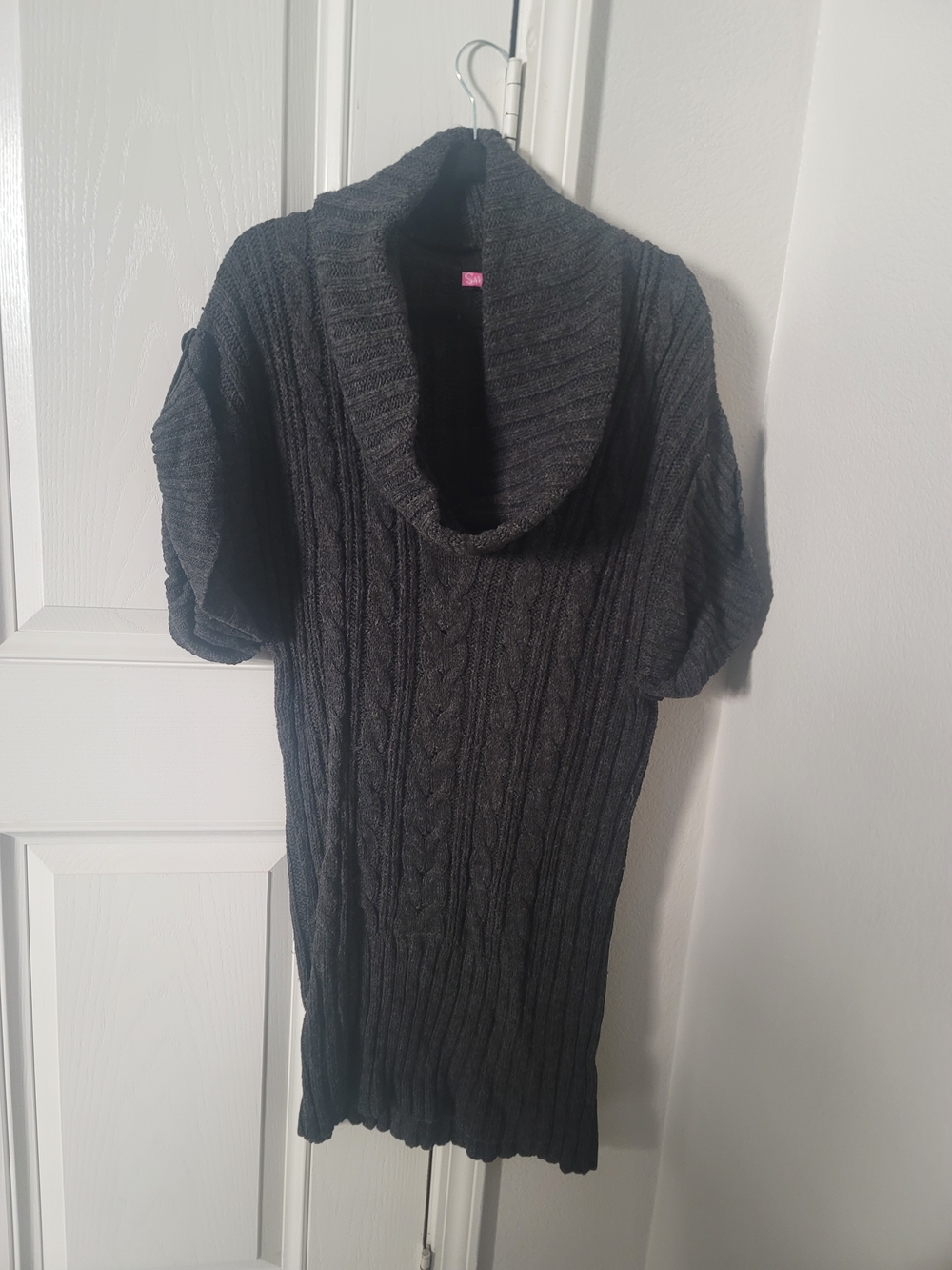Say What? Charcoal Cable-Knit Cowl Neck Sweater Dress